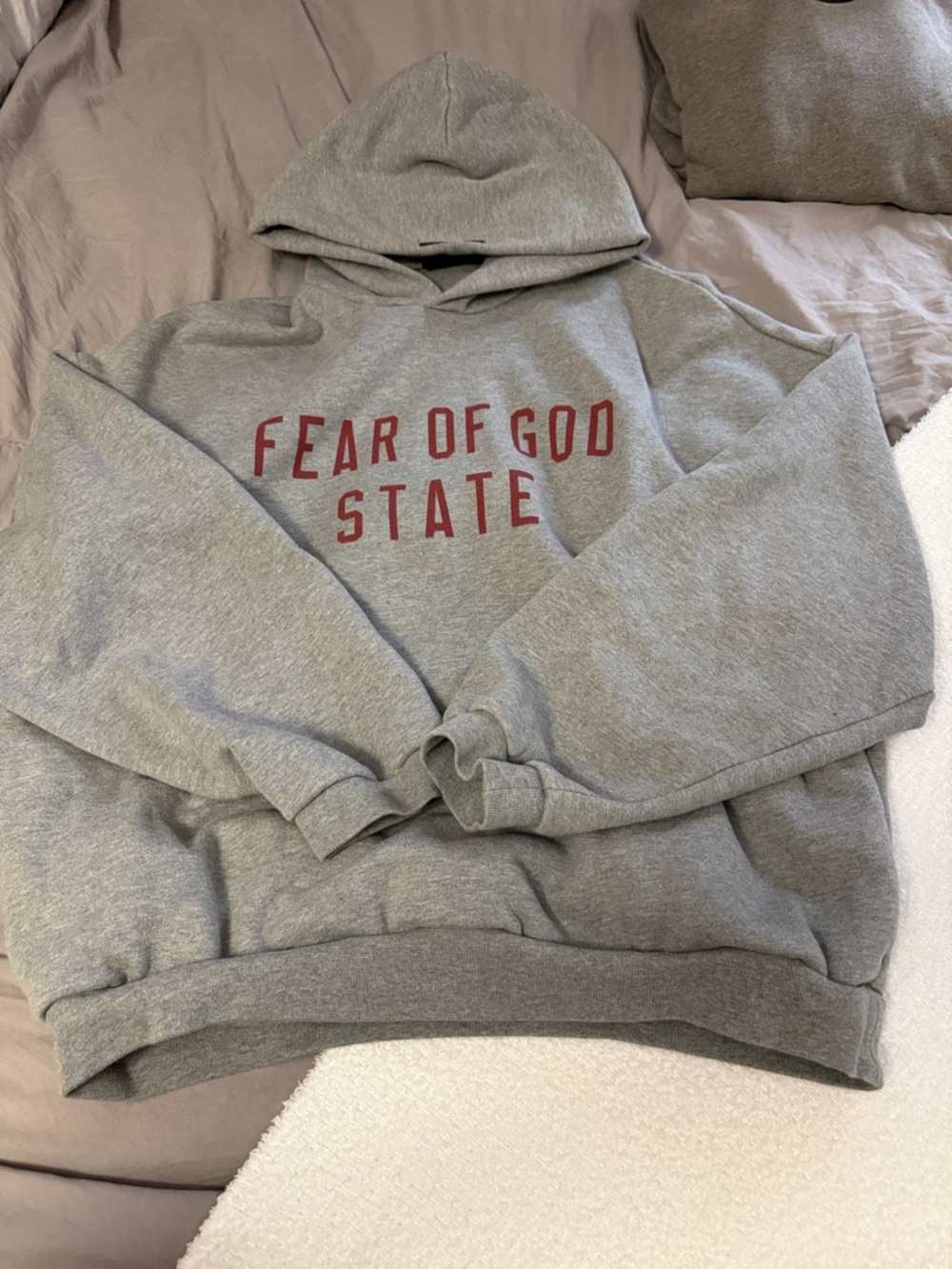 Fear of God Grey Crewneck Hoodie with Red Logo